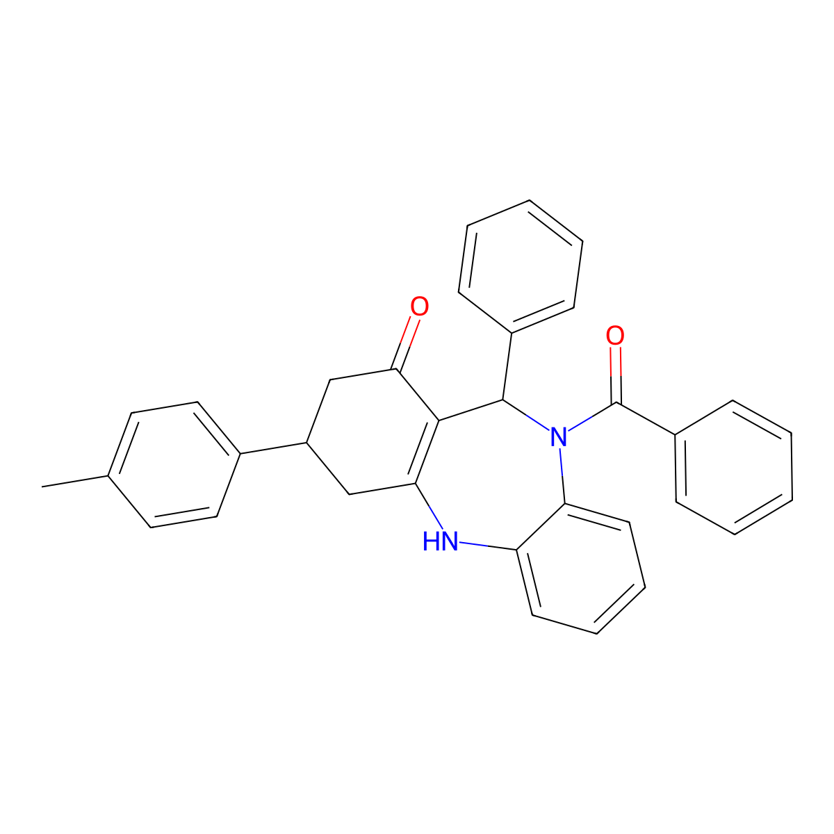 5-benzoyl-6-phenyl-9-(p-tolyl)-8,9,10,11-tetrahydro-6H-benzo[b][1,4]benzodiazepin-7-one molecular structure, CAS 675151-81-2