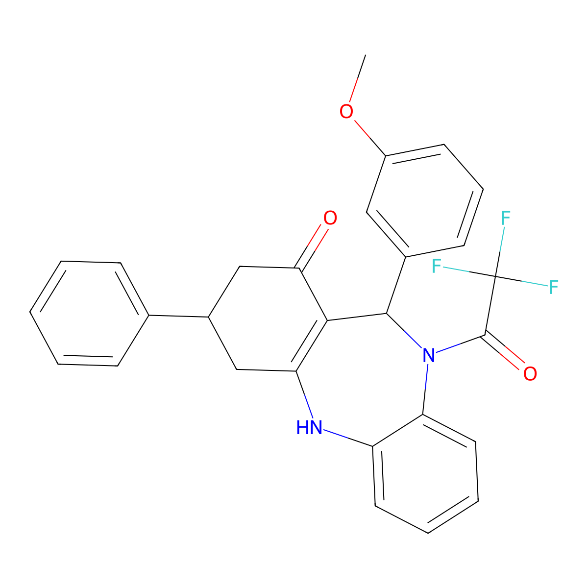 2,2,2-trifluoro-1-[1-hydroxy-11-(3-methoxyphenyl)-3-phenyl-2,3,4,11-tetrahydro-10H-dibenzo[b,e][1,4]diazepin-10-yl]ethanone molecular structure, CAS 675151-92-5