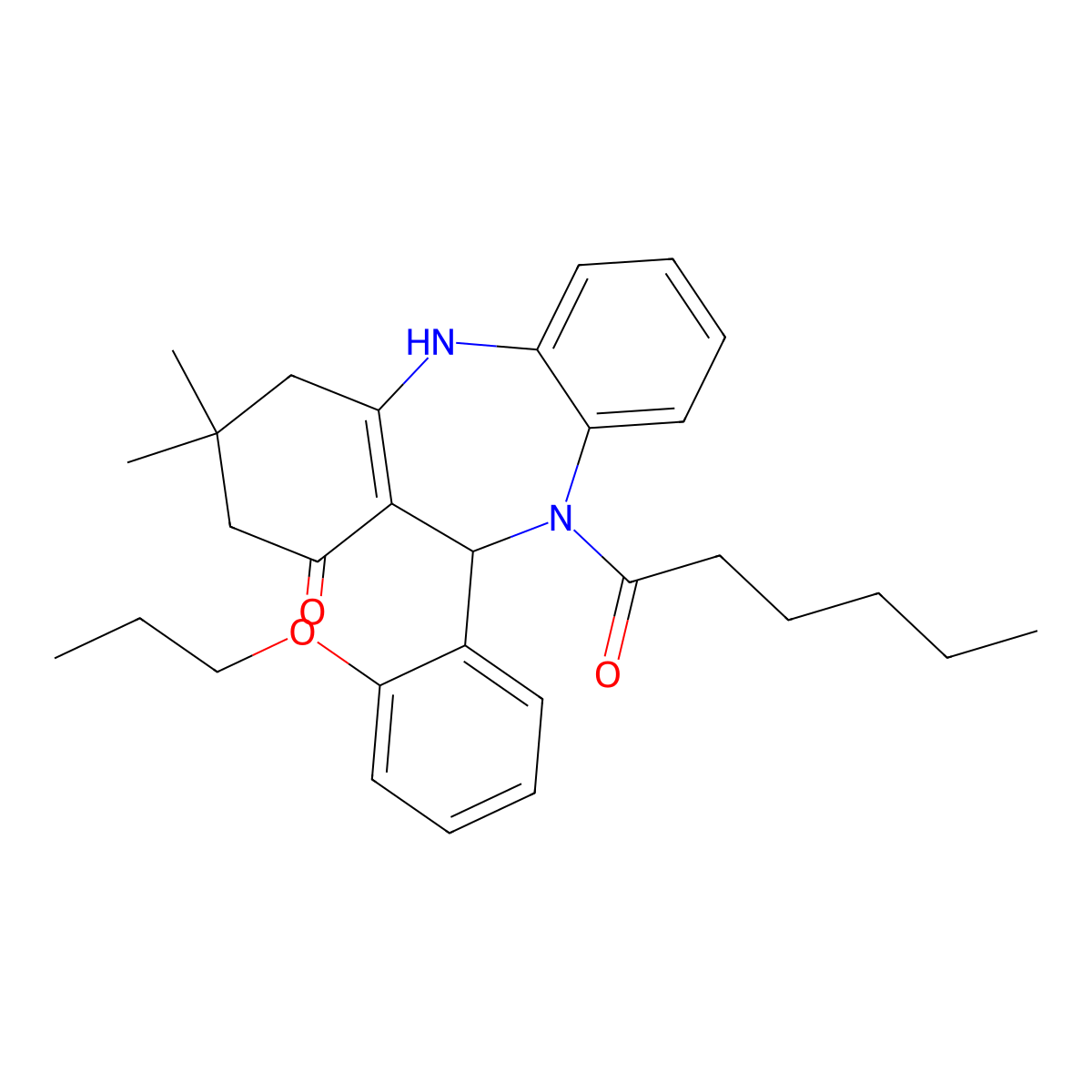 5-Hexanoyl-9,9-dimethyl-6-(2-propoxyphenyl)-6,8,10,11-tetrahydrobenzo[b][1,4]benzodiazepin-7-one molecular structure, CAS 675152-40-6