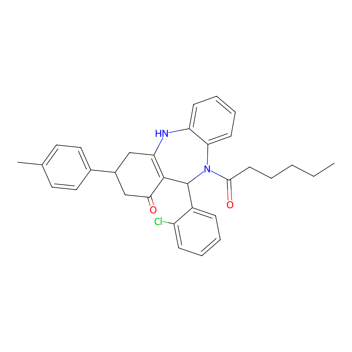 6-(2-chlorophenyl)-5-hexanoyl-9-(p-tolyl)-8,9,10,11-tetrahydro-6H-benzo[b][1,4]benzodiazepin-7-one molecular structure, CAS 675152-55-3
