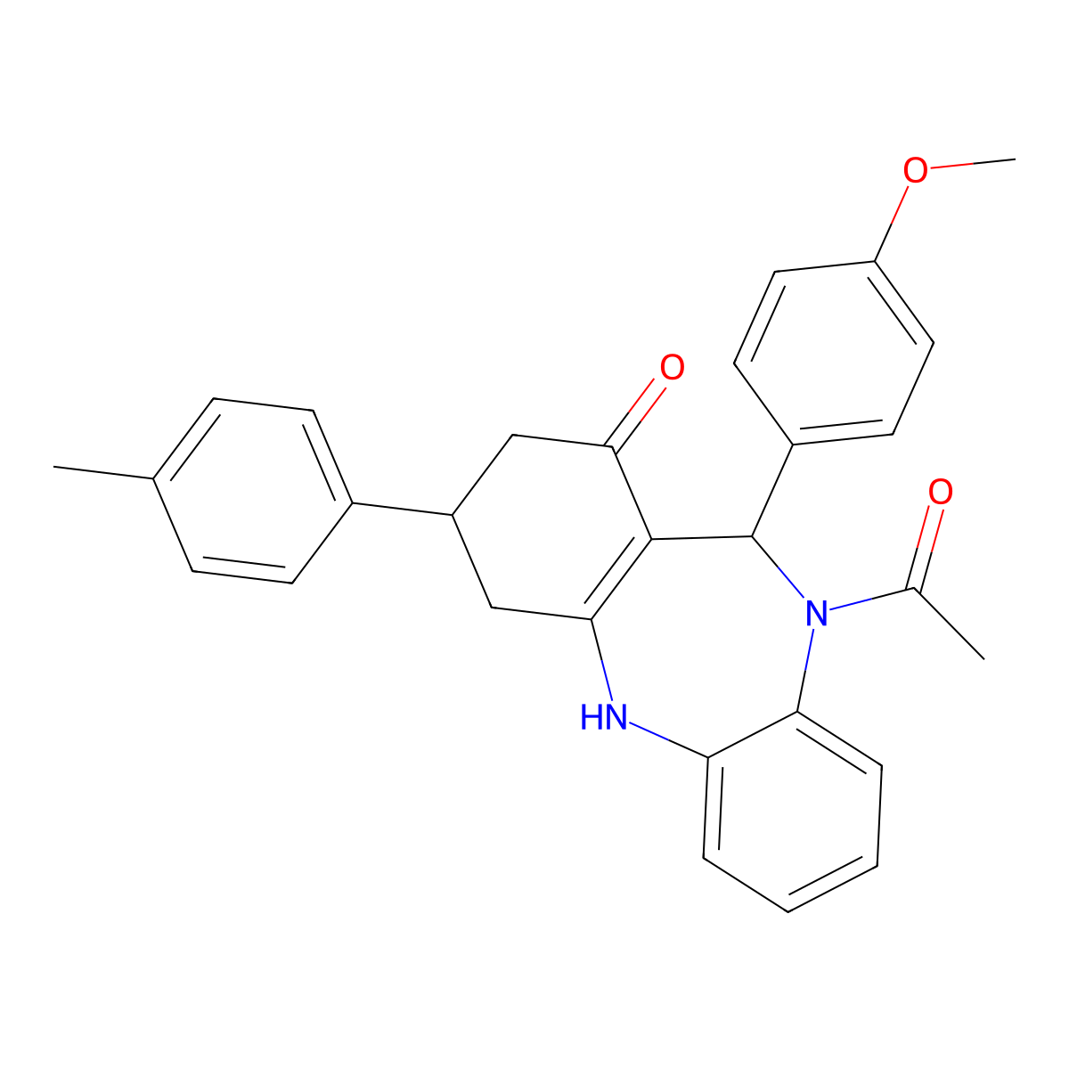 1-[1-hydroxy-11-(4-methoxyphenyl)-3-(4-methylphenyl)-2,3,4,11-tetrahydro-10H-dibenzo[b,e][1,4]diazepin-10-yl]ethanone molecular structure, CAS 675152-65-5