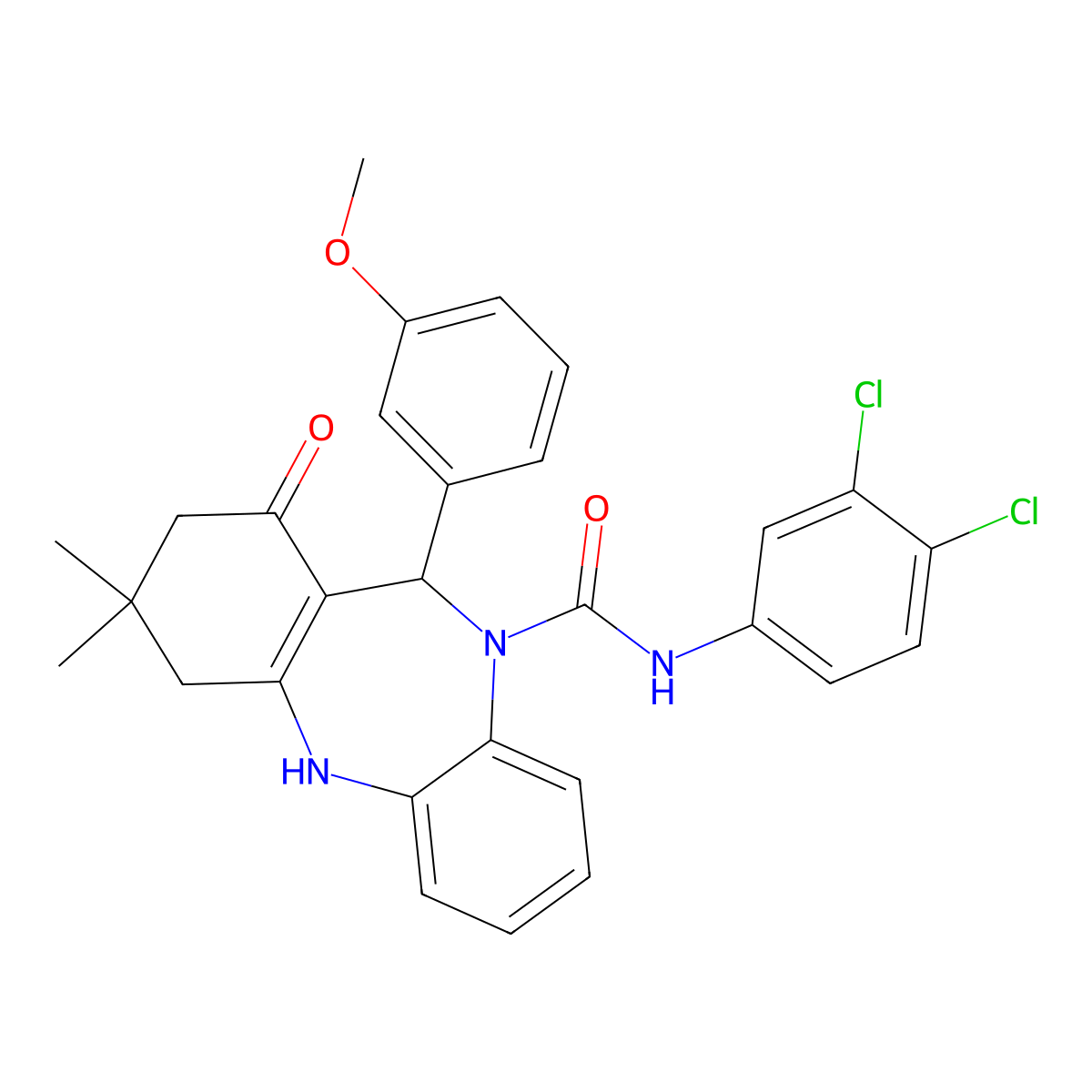 N-(3,4-dichlorophenyl)-1-hydroxy-11-(3-methoxyphenyl)-3,3-dimethyl-2,3,4,11-tetrahydro-10H-dibenzo[b,e][1,4]diazepine-10-carboxamide molecular structure, CAS 675152-92-8