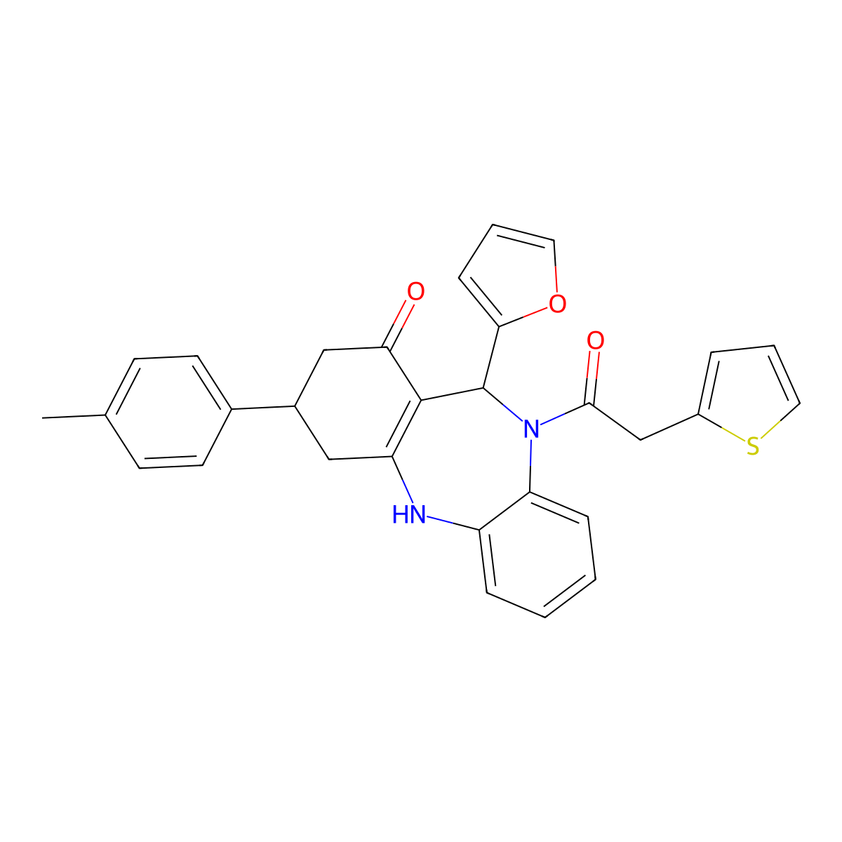1-[11-(furan-2-yl)-1-hydroxy-3-(4-methylphenyl)-2,3,4,11-tetrahydro-10H-dibenzo[b,e][1,4]diazepin-10-yl]-2-(thiophen-2-yl)ethanone molecular structure, CAS 675152-97-3