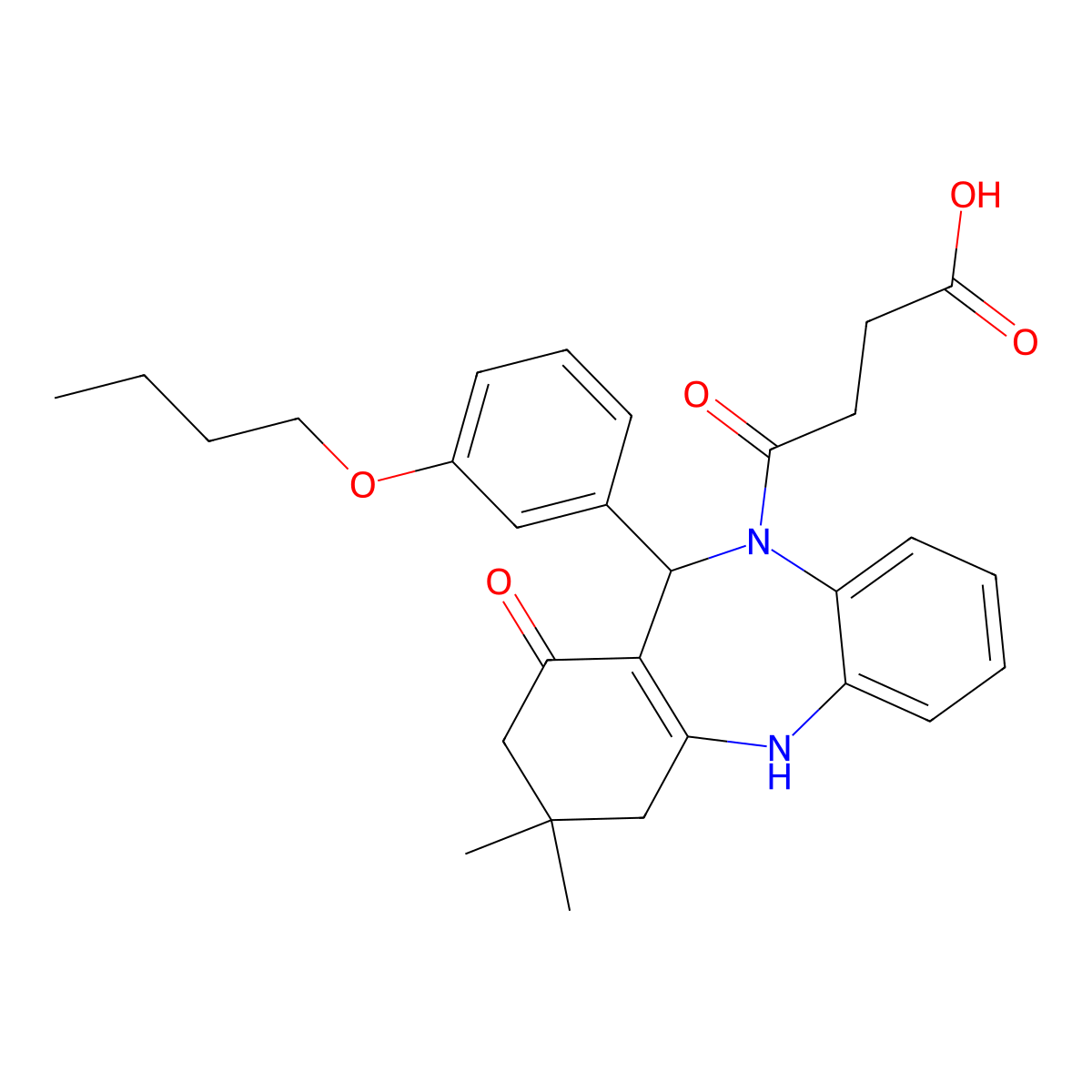 4-[11-(3-butoxyphenyl)-1-hydroxy-3,3-dimethyl-2,3,4,11-tetrahydro-10H-dibenzo[b,e][1,4]diazepin-10-yl]-4-oxobutanoic acid molecular structure, CAS 675153-03-4