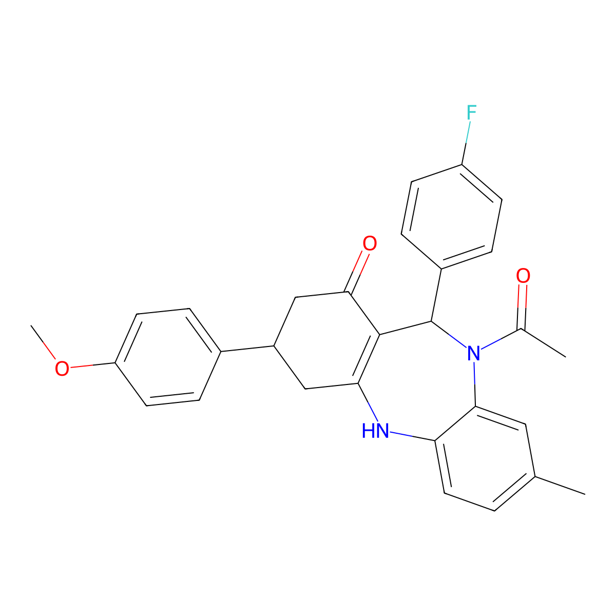 1-[11-(4-fluorophenyl)-1-hydroxy-3-(4-methoxyphenyl)-8-methyl-2,3,4,11-tetrahydro-10H-dibenzo[b,e][1,4]diazepin-10-yl]ethanone molecular structure, CAS 675153-54-5