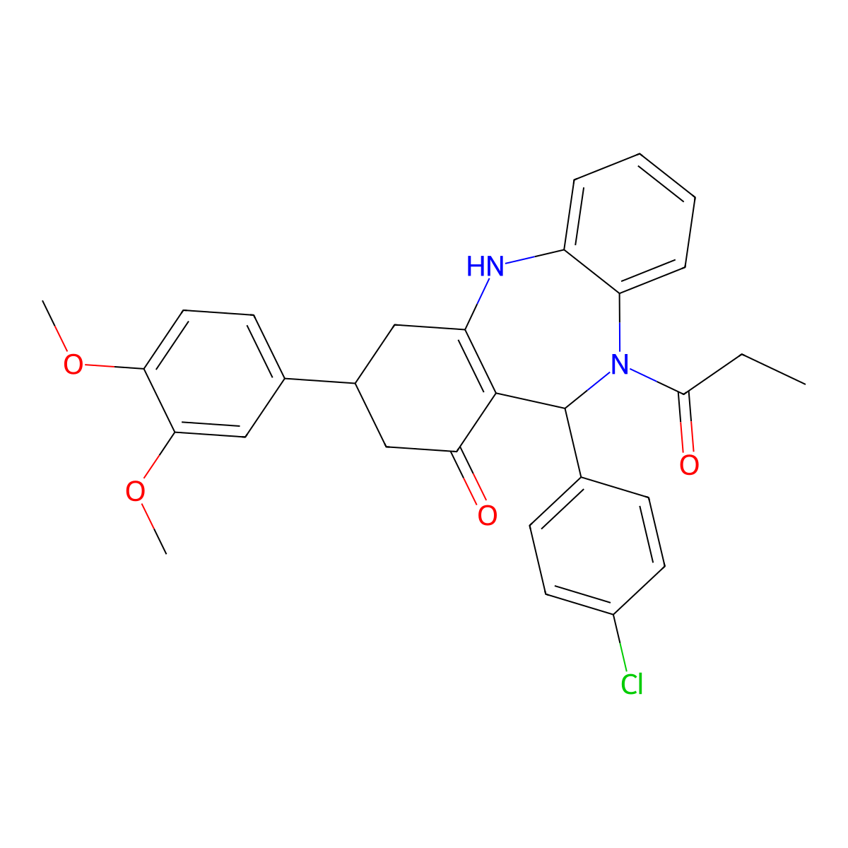 6-(4-chlorophenyl)-9-(3,4-dimethoxyphenyl)-5-propanoyl-8,9,10,11-tetrahydro-6H-benzo[b][1,4]benzodiazepin-7-one molecular structure, CAS 675153-64-7