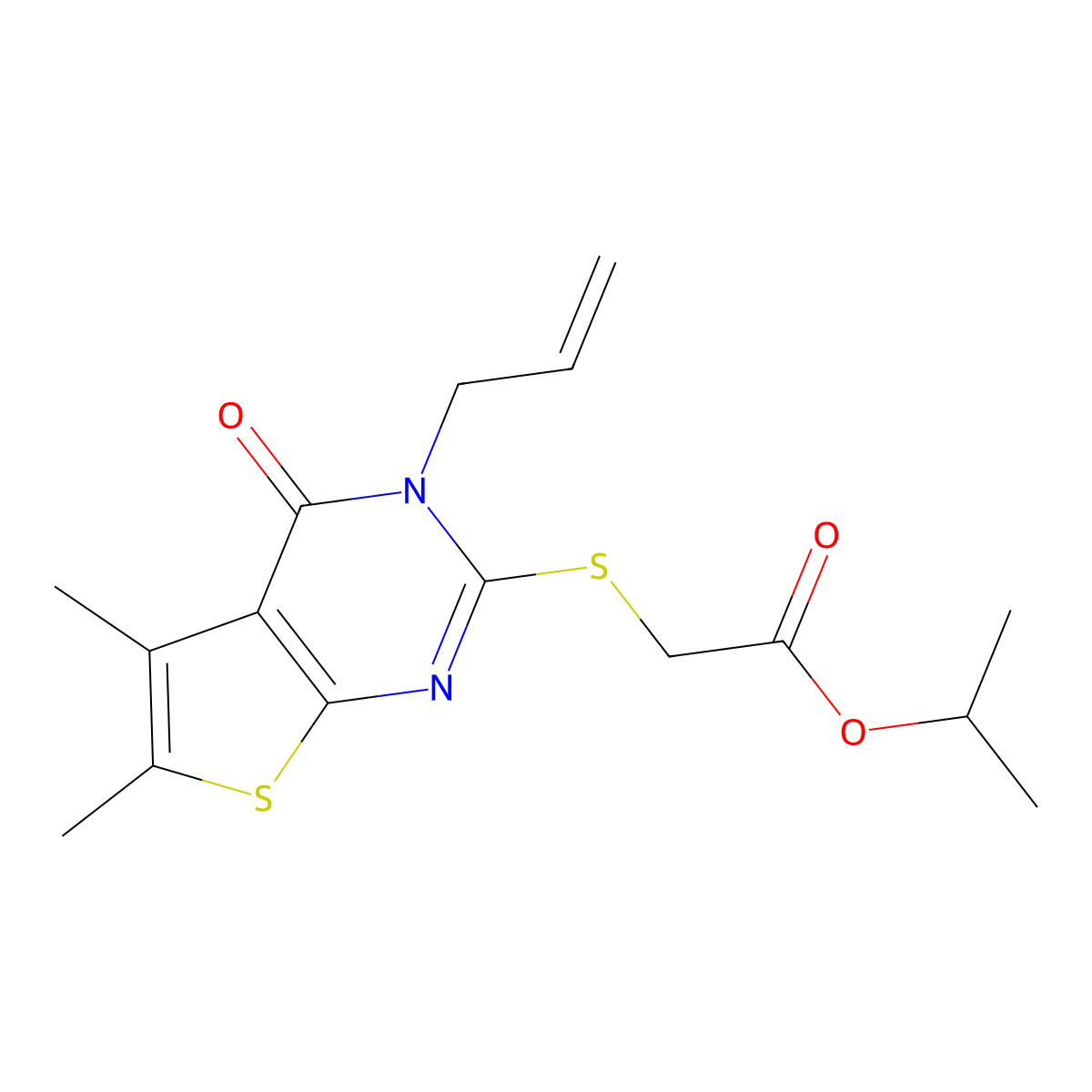 Propan-2-yl {[5,6-dimethyl-4-oxo-3-(prop-2-en-1-yl)-3,4-dihydrothieno[2,3-d]pyrimidin-2-yl]sulfanyl}acetate molecular structure, CAS 675189-87-4