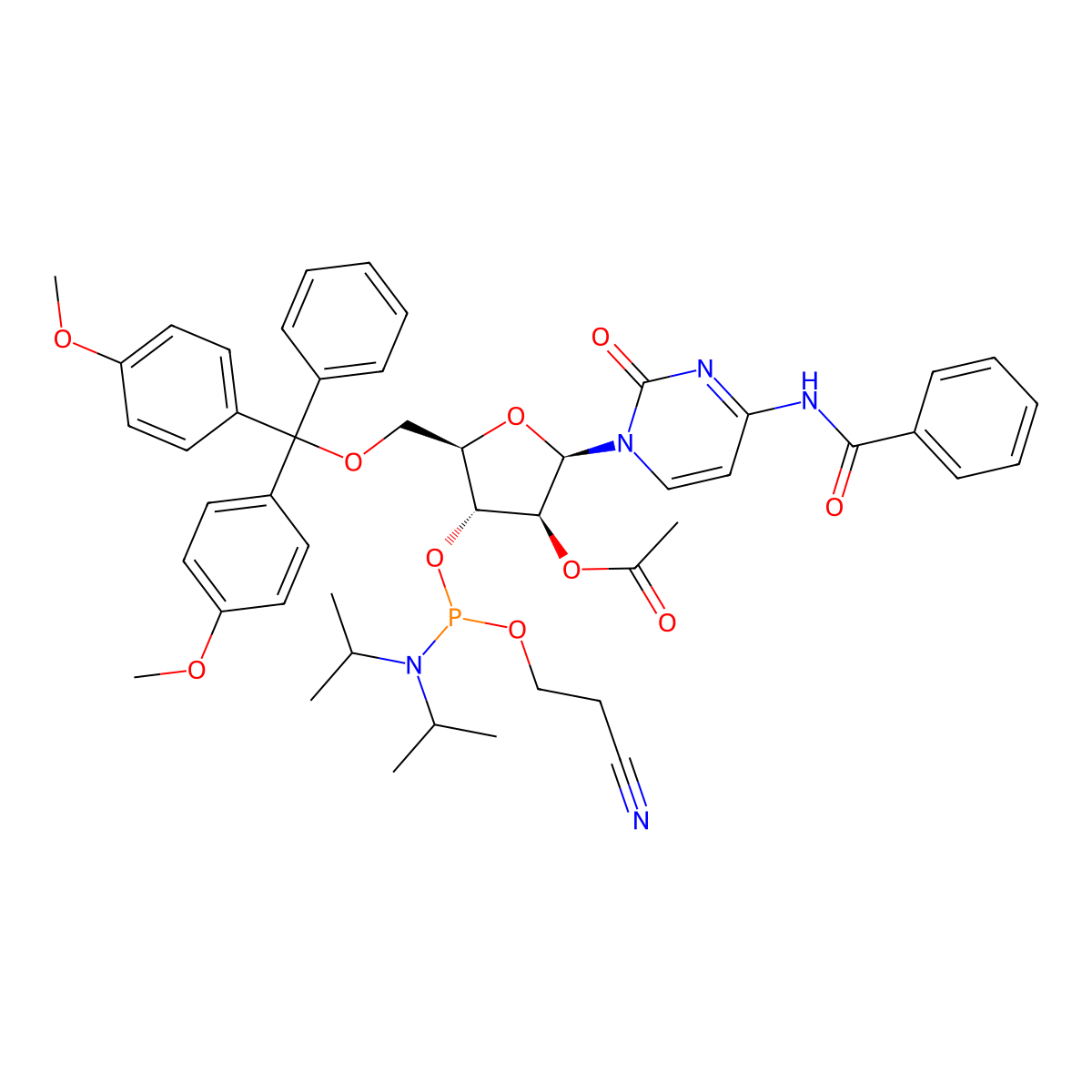 2'-O-Acetyl-N4-benzoyl-5'-O-DMT arabinocytidine 3'-O-phosphoramidite molecular structure, CAS 675573-97-4