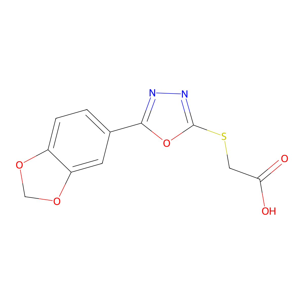 2-((5-(1,3-Dioxaindan-5-yl)-1,3,4-oxadiazol-2-yl)sulfanyl)acetic acid molecular structure, CAS 67572-43-4