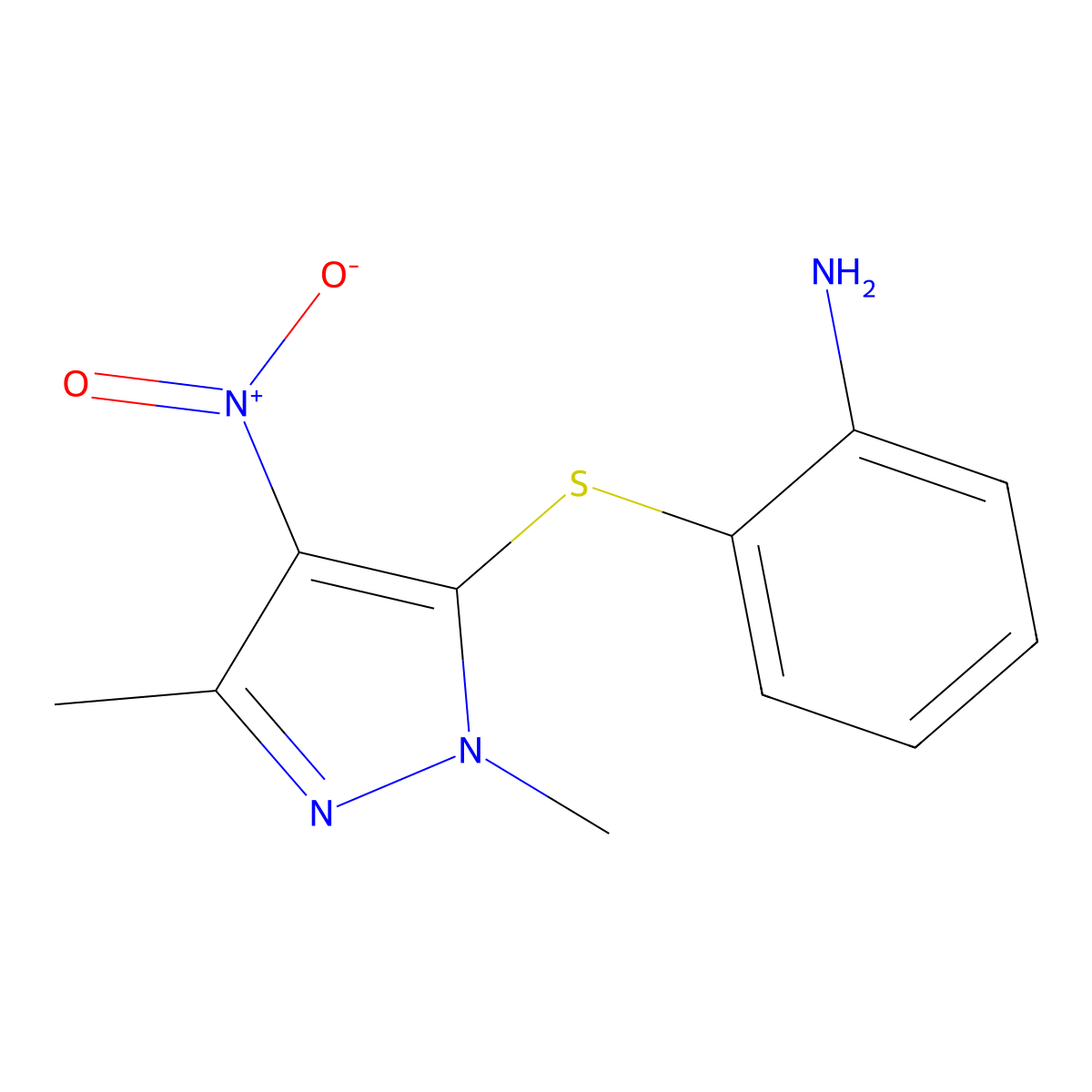 2-[(1,3-dimethyl-4-nitro-1H-pyrazol-5-yl)sulfanyl]aniline molecular structure, CAS 675819-27-9