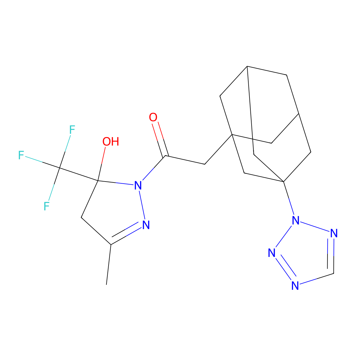 1-[5-hydroxy-3-methyl-5-(trifluoromethyl)-4H-pyrazol-1-yl]-2-[3-(tetrazol-2-yl)-1-adamantyl]ethanone molecular structure, CAS 675827-16-4