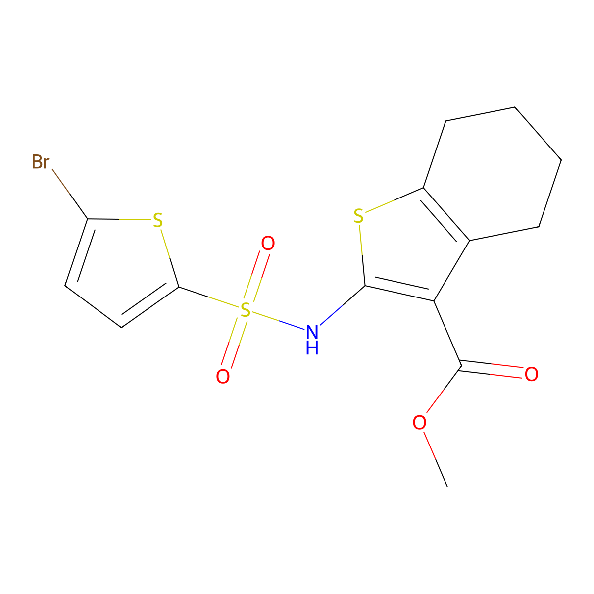 Methyl 2-{[(5-bromothiophen-2-yl)sulfonyl]amino}-4,5,6,7-tetrahydro-1-benzothiophene-3-carboxylate molecular structure, CAS 675827-78-8