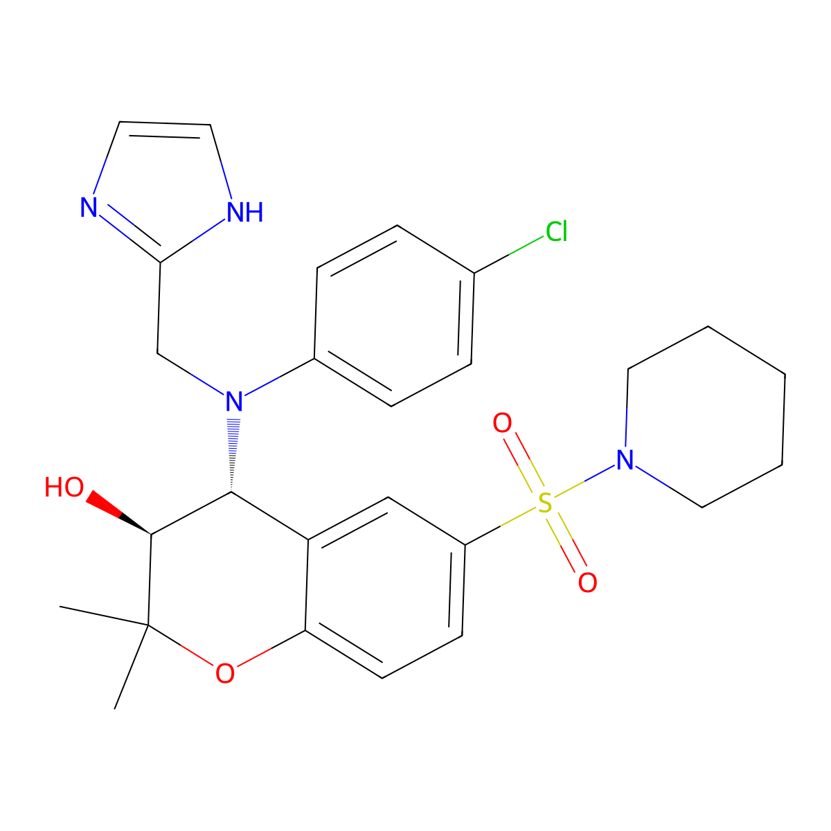 (3S,4R)-4-[4-chloro-N-(1H-imidazol-2-ylmethyl)anilino]-2,2-dimethyl-6-piperidin-1-ylsulfonyl-3,4-dihydrochromen-3-ol molecular structure, CAS 675833-20-2