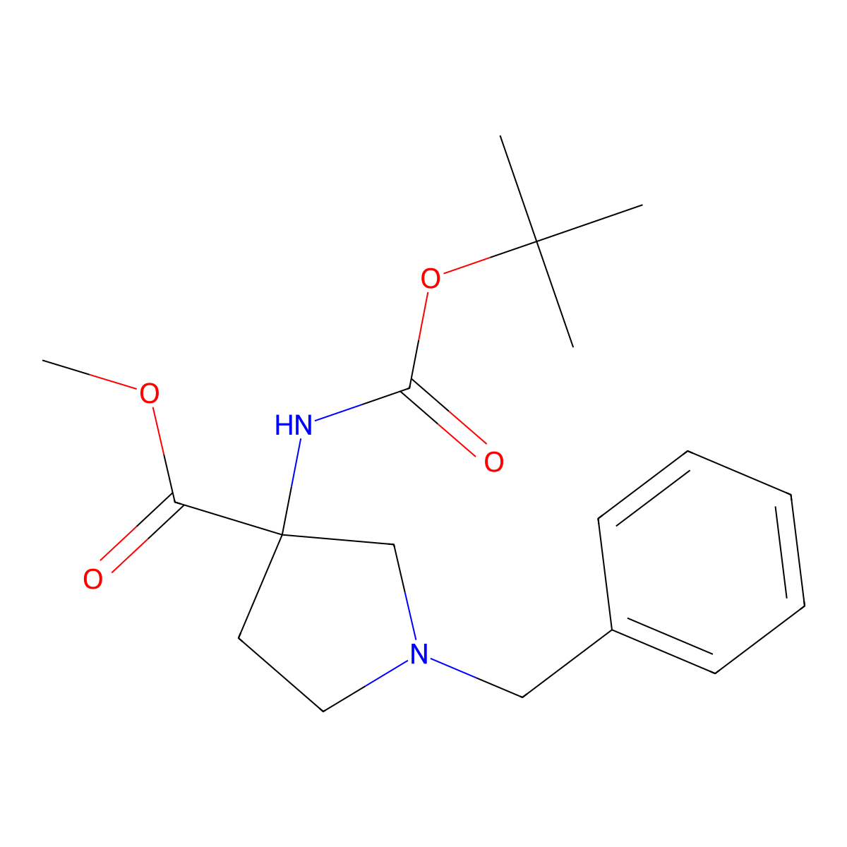 Methyl 1-benzyl-3-(tert-butoxycarbonylamino)pyrrolidine-3-carboxylate molecular structure, CAS 675834-17-0