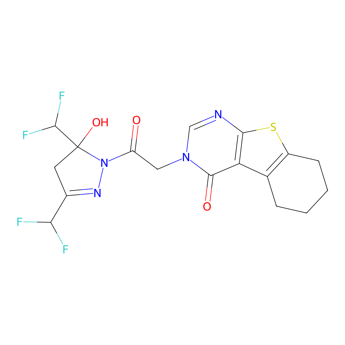 3-{2-[3,5-bis(difluoromethyl)-5-hydroxy-4,5-dihydro-1H-pyrazol-1-yl]-2-oxoethyl}-5,6,7,8-tetrahydro[1]benzothieno[2,3-d]pyrimidin-4(3H)-one molecular structure, CAS 675839-82-4