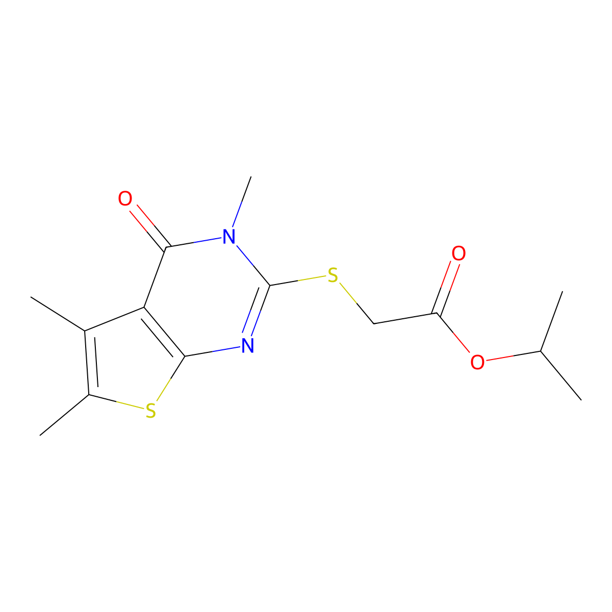 Propan-2-yl [(3,5,6-trimethyl-4-oxo-3,4-dihydrothieno[2,3-d]pyrimidin-2-yl)sulfanyl]acetate molecular structure, CAS 675840-91-2