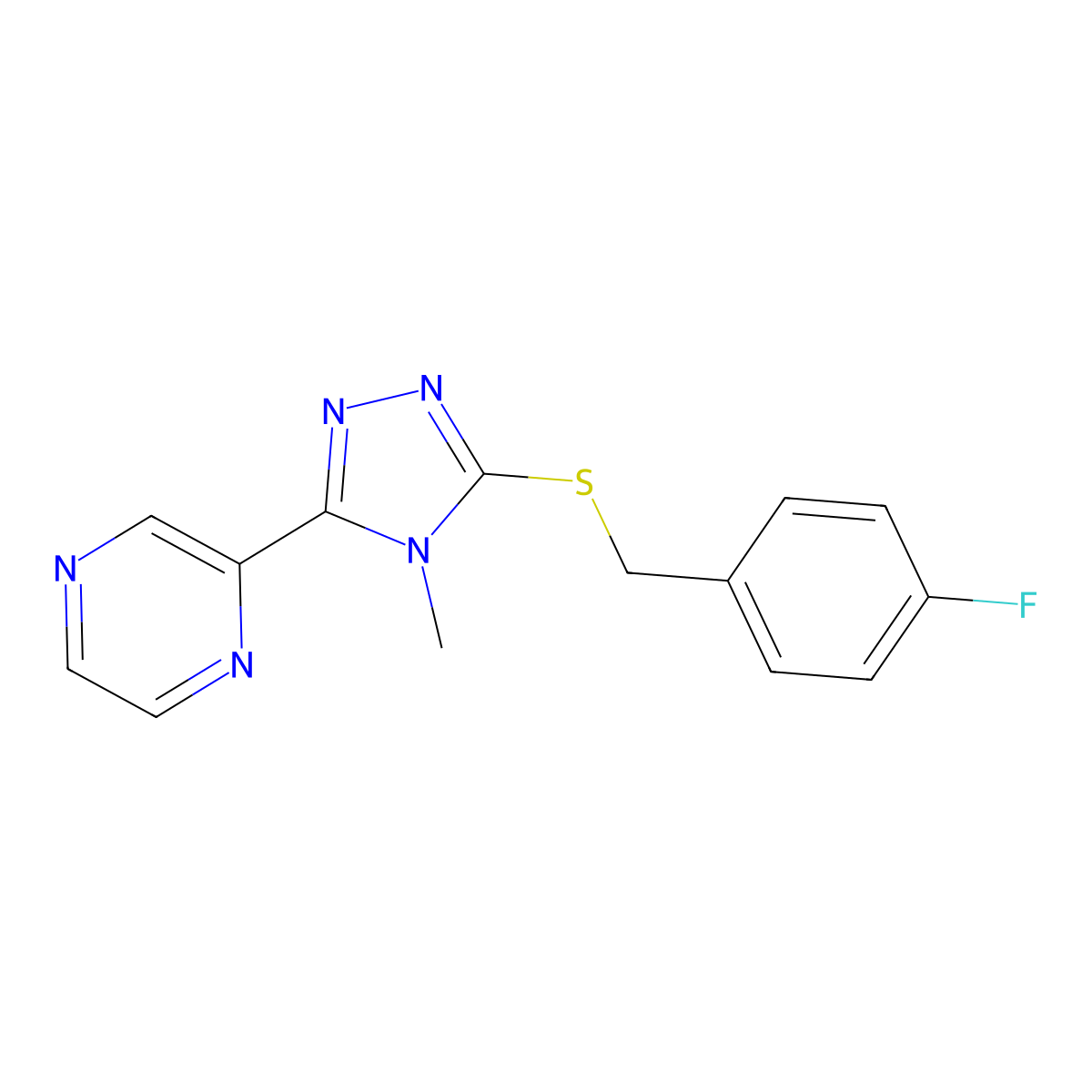 3-[(4-Fluorophenyl)methylthio]-4-methyl-5-pyrazin-2-yl-1,2,4-triazole molecular structure, CAS 675841-09-5