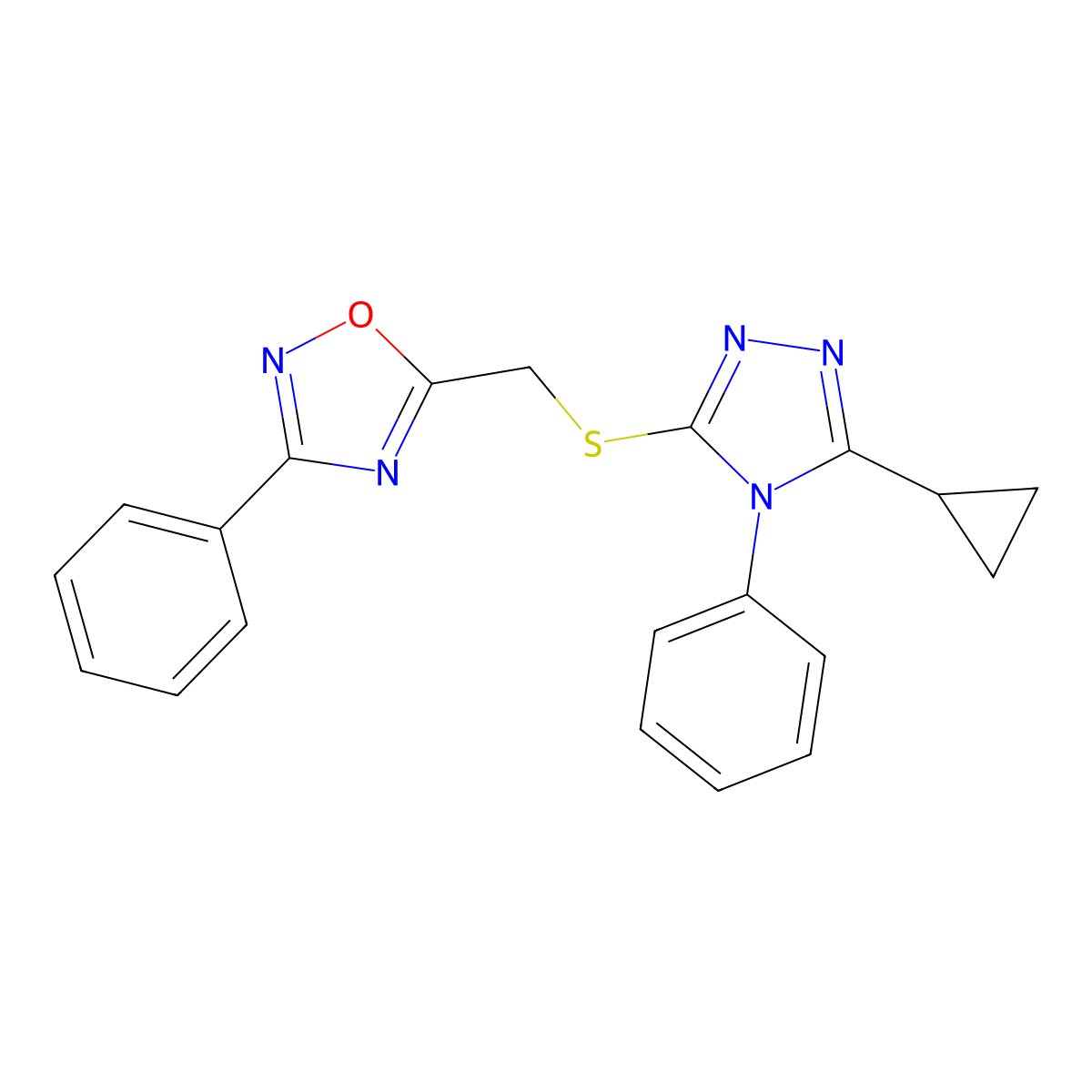 5-[(5-Cyclopropyl-4-phenyl-1,2,4-triazol-3-yl)sulfanylmethyl]-3-phenyl-1,2,4-oxadiazole molecular structure, CAS 675842-17-8
