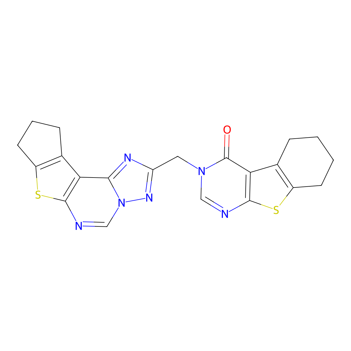 3-(9,10-dihydro-8H-cyclopenta[4,5]thieno[3,2-e][1,2,4]triazolo[1,5-c]pyrimidin-2-ylmethyl)-5,6,7,8-tetrahydro[1]benzothieno[2,3-d]pyrimidin-4(3H)-one molecular structure, CAS 675842-35-0