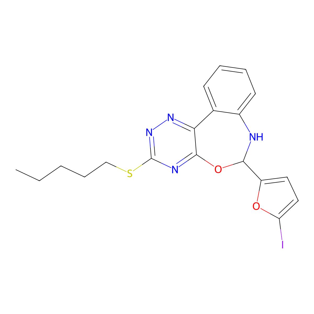 6,7-Dihydro-6-(5-iodo-2-furanyl)-3-(pentylthio)-1,2,4-triazino[5,6-d][3,1]benzoxazepine molecular structure, CAS 675844-42-5
