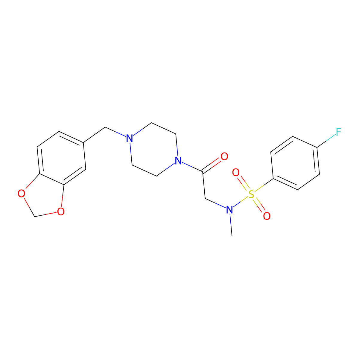 N-[2-[4-(1,3-benzodioxol-5-ylmethyl)piperazin-1-yl]-2-oxoethyl]-4-fluoro-N-methylbenzenesulfonamide molecular structure, CAS 675861-76-4