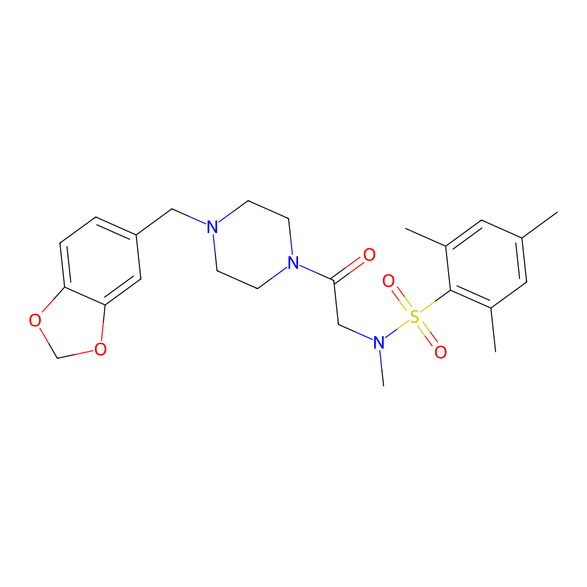 N-[2-[4-(1,3-benzodioxol-5-ylmethyl)piperazin-1-yl]-2-oxoethyl]-N,2,4,6-tetramethylbenzenesulfonamide molecular structure, CAS 675862-34-7