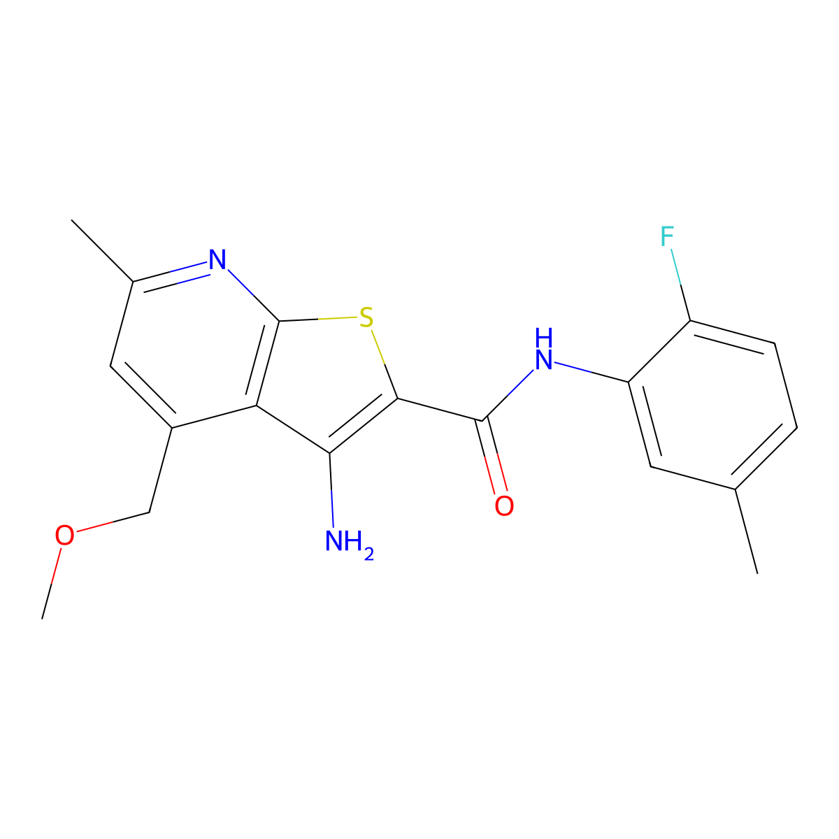 3-amino-N-(2-fluoro-5-methylphenyl)-4-(methoxymethyl)-6-methylthieno[2,3-b]pyridine-2-carboxamide molecular structure, CAS 675869-55-3