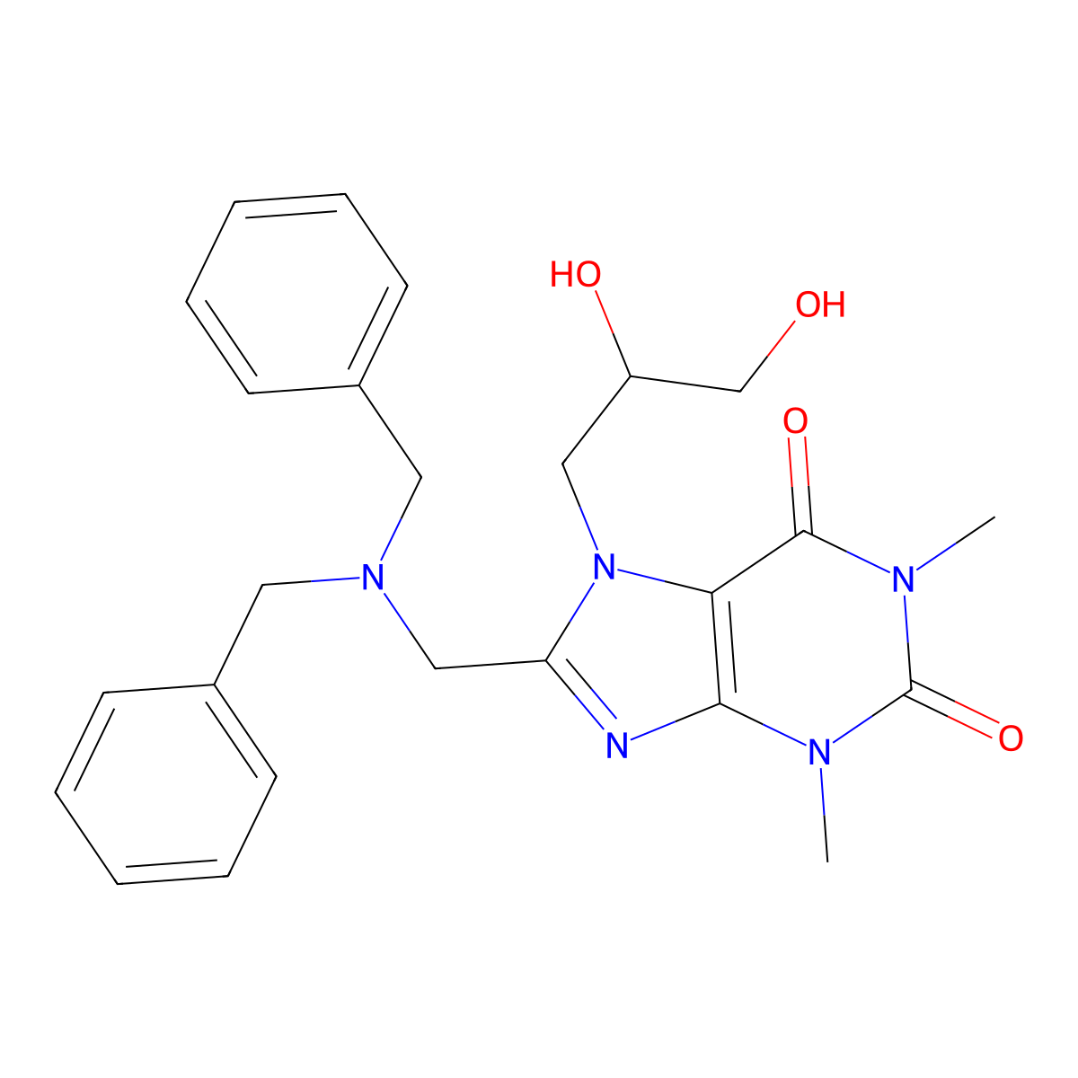 8-[(Dibenzylamino)methyl]-7-(2,3-dihydroxypropyl)-1,3-dimethylpurine-2,6-dione molecular structure, CAS 676154-64-6