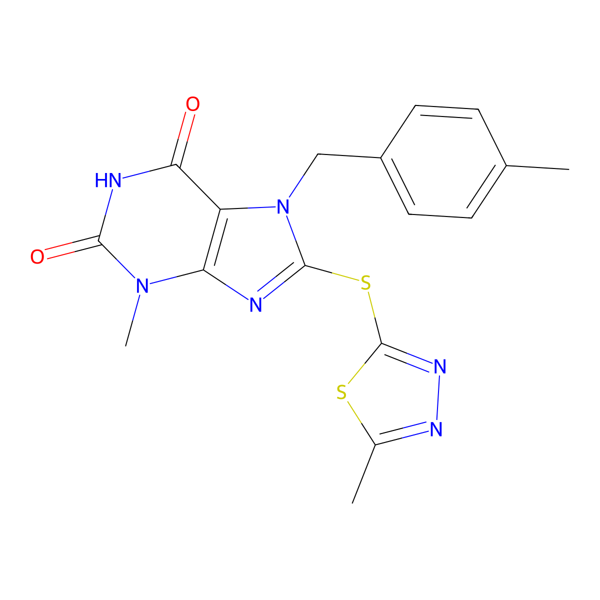 3-methyl-8-[(5-methyl-1,3,4-thiadiazol-2-yl)sulfanyl]-7-[(4-methylphenyl)methyl]-2,3,6,7-tetrahydro-1H-purine-2,6-dione molecular structure, CAS 676154-76-0