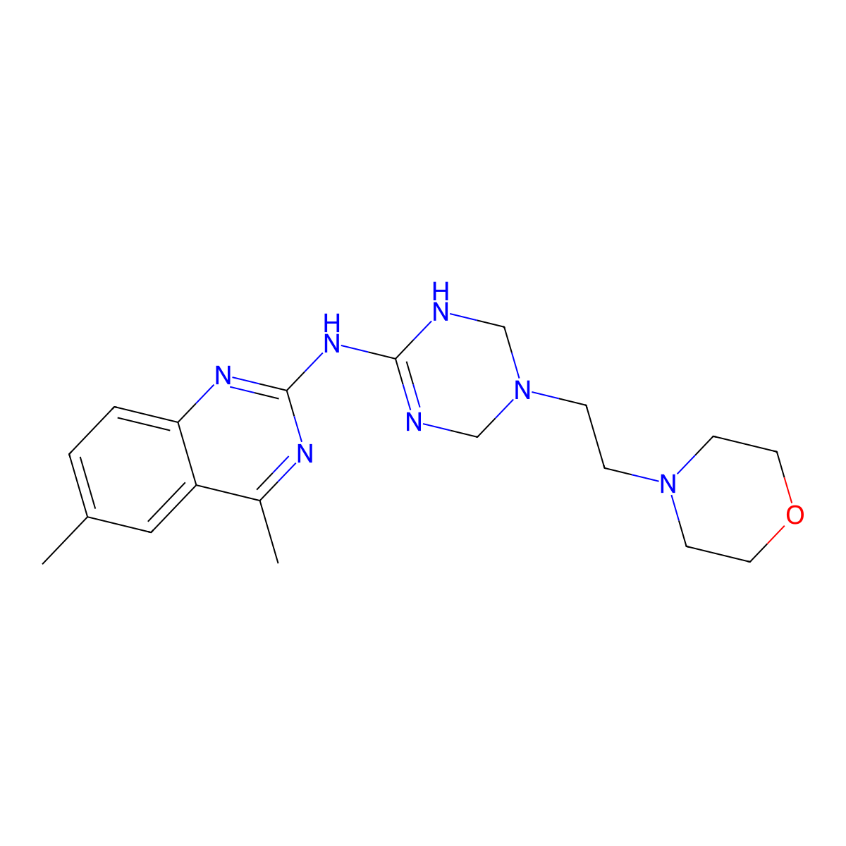 4,6-dimethyl-N-{5-[2-(morpholin-4-yl)ethyl]-1,4,5,6-tetrahydro-1,3,5-triazin-2-yl}quinazolin-2-amine molecular structure, CAS 676154-81-7