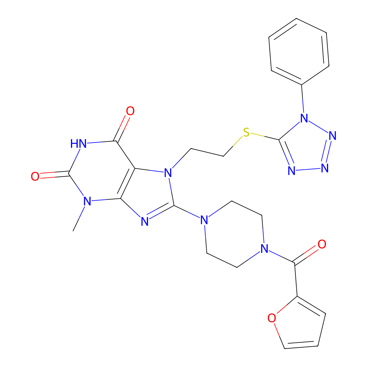 8-[4-(Furan-2-carbonyl)piperazin-1-yl]-3-methyl-7-[2-(1-phenyltetrazol-5-yl)sulfanylethyl]purine-2,6-dione molecular structure, CAS 676155-28-5
