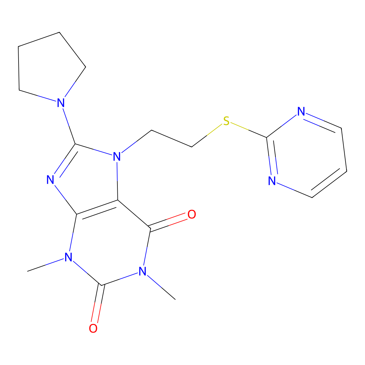 1,3-dimethyl-7-(2-(pyrimidin-2-ylthio)ethyl)-8-(pyrrolidin-1-yl)-1H-purine-2,6(3H,7H)-dione molecular structure, CAS 676155-70-7