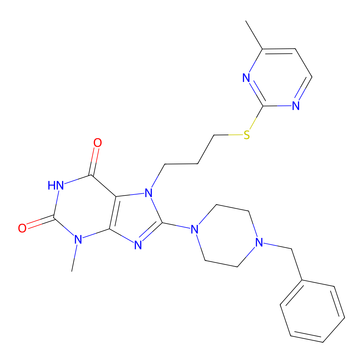 8-(4-Benzylpiperazin-1-yl)-3-methyl-7-[3-(4-methylpyrimidin-2-yl)sulfanylpropyl]purine-2,6-dione molecular structure, CAS 676155-87-6