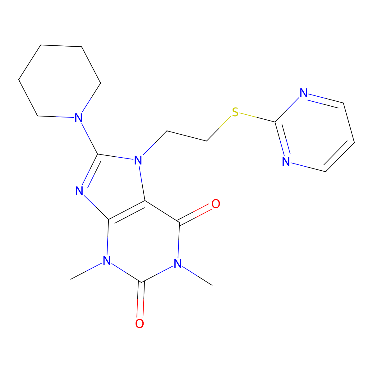 1,3-dimethyl-8-(piperidin-1-yl)-7-(2-(pyrimidin-2-ylthio)ethyl)-1H-purine-2,6(3H,7H)-dione molecular structure, CAS 676157-19-0