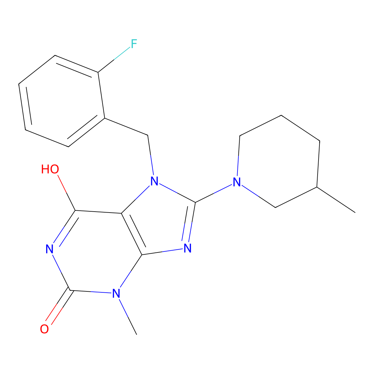 7-(2-fluorobenzyl)-6-hydroxy-3-methyl-8-(3-methylpiperidin-1-yl)-3,7-dihydro-2H-purin-2-one molecular structure, CAS 676157-25-8