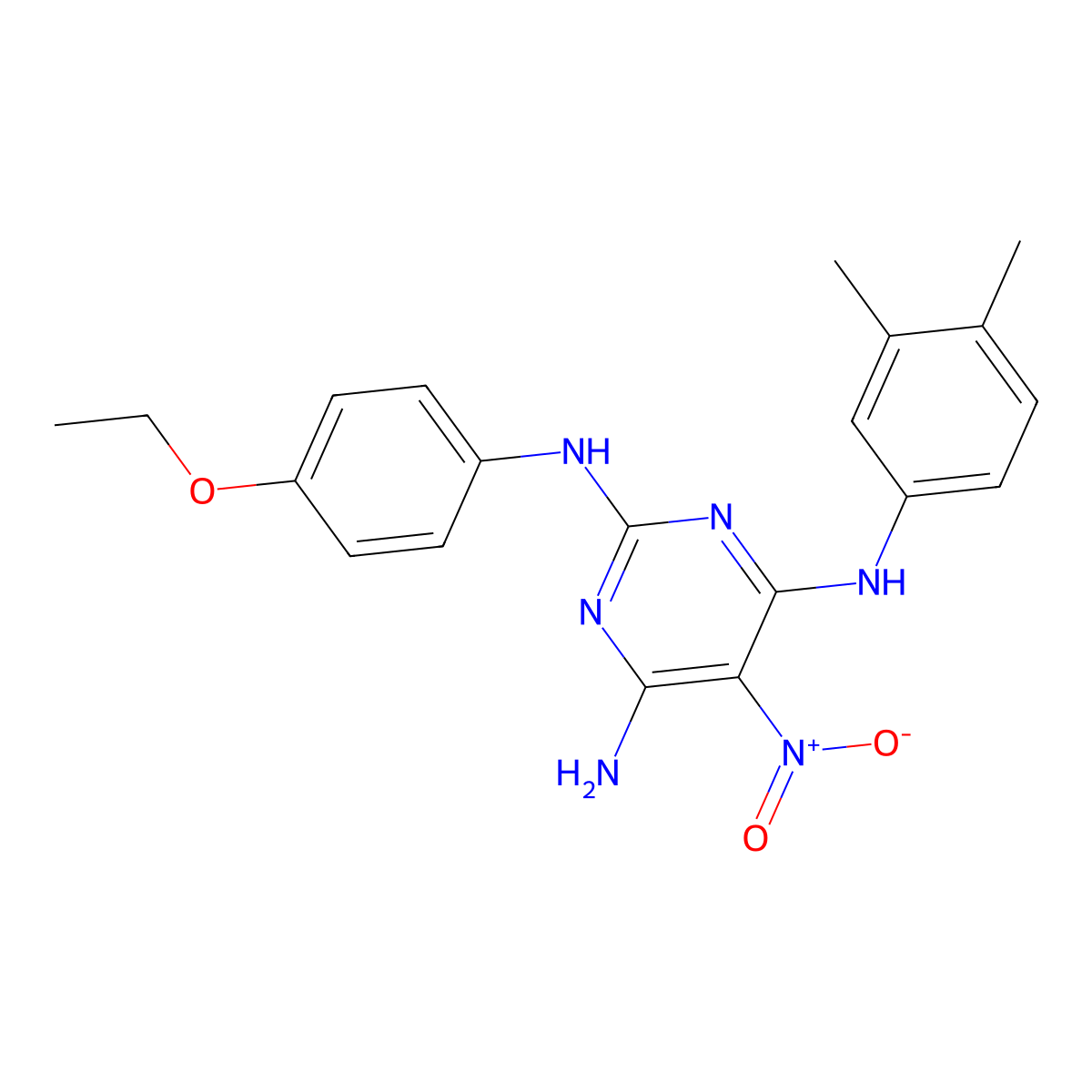 N4-(3,4-dimethylphenyl)-N2-(4-ethoxyphenyl)-5-nitropyrimidine-2,4,6-triamine molecular structure, CAS 676157-32-7