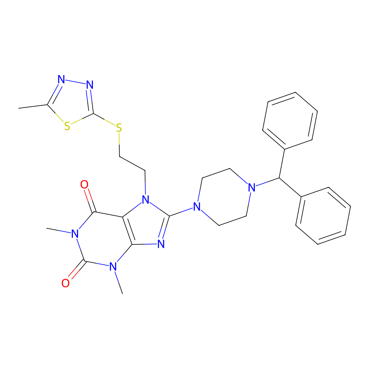 8-(4-Benzhydrylpiperazin-1-yl)-1,3-dimethyl-7-[2-[(5-methyl-1,3,4-thiadiazol-2-yl)sulfanyl]ethyl]purine-2,6-dione molecular structure, CAS 676157-62-3