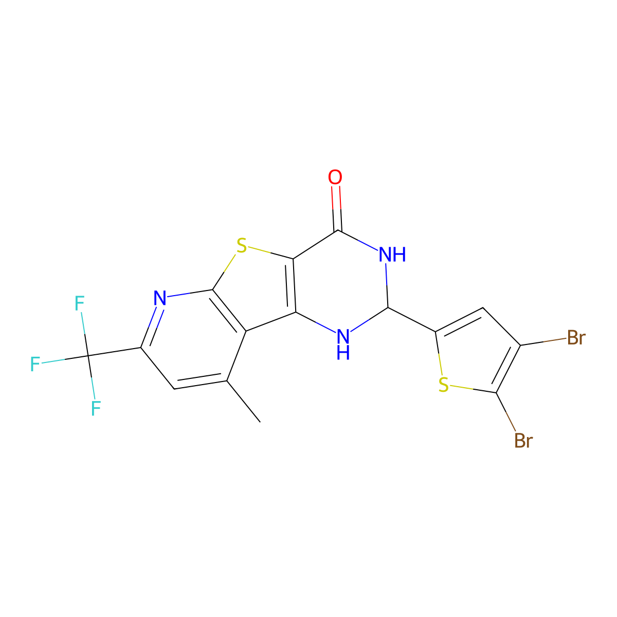 2-(4,5-dibromothiophen-2-yl)-9-methyl-7-(trifluoromethyl)-2,3-dihydro-1H-pyrido[2,3]thieno[2,4-d]pyrimidin-4-one molecular structure, CAS 676237-48-2