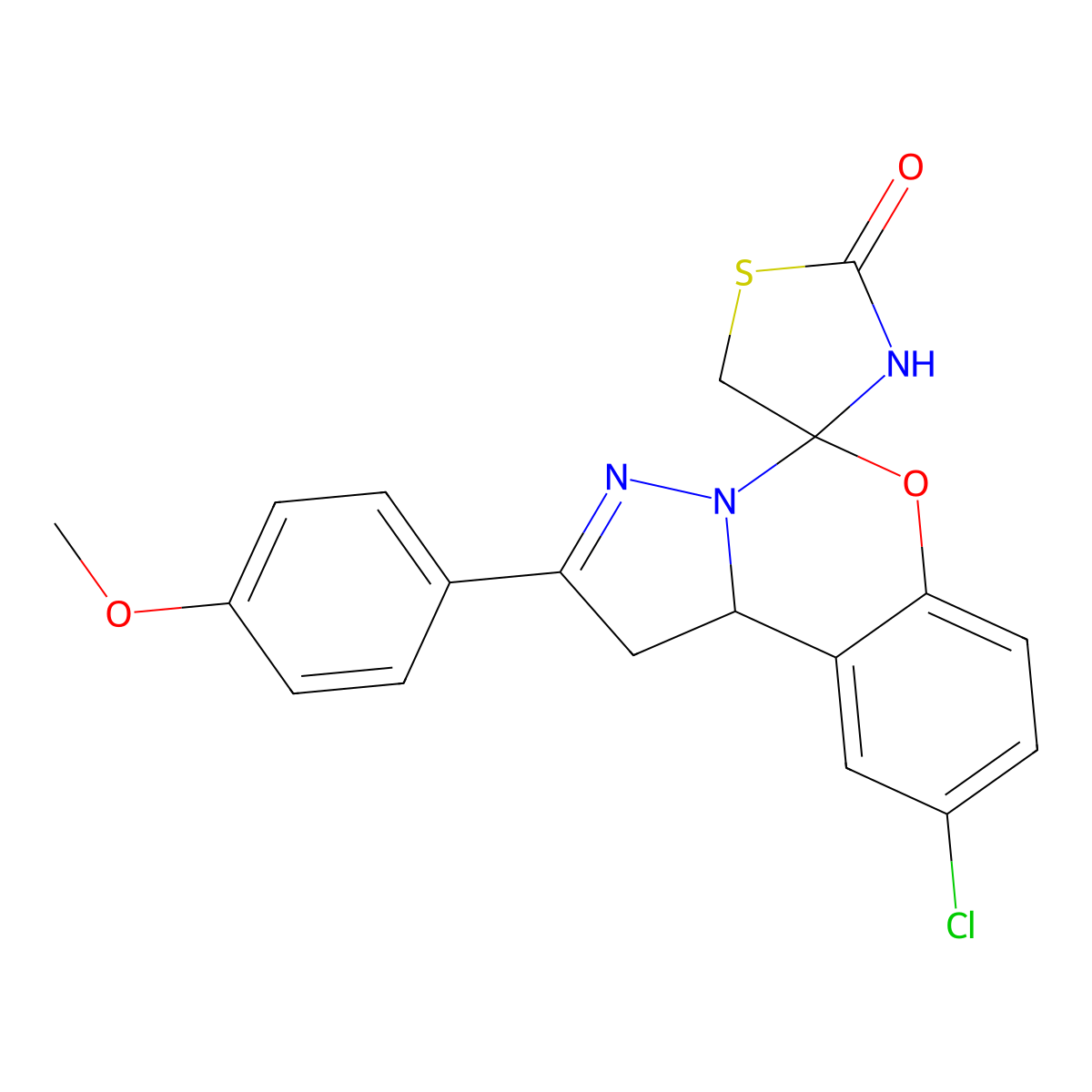 9-chloro-2-(4-methoxyphenyl)-1,10b-dihydro-2'H-spiro[pyrazolo[1,5-c][1,3]benzoxazine-5,4'-[1,3]thiazolidin]-2'-one molecular structure, CAS 676239-59-1