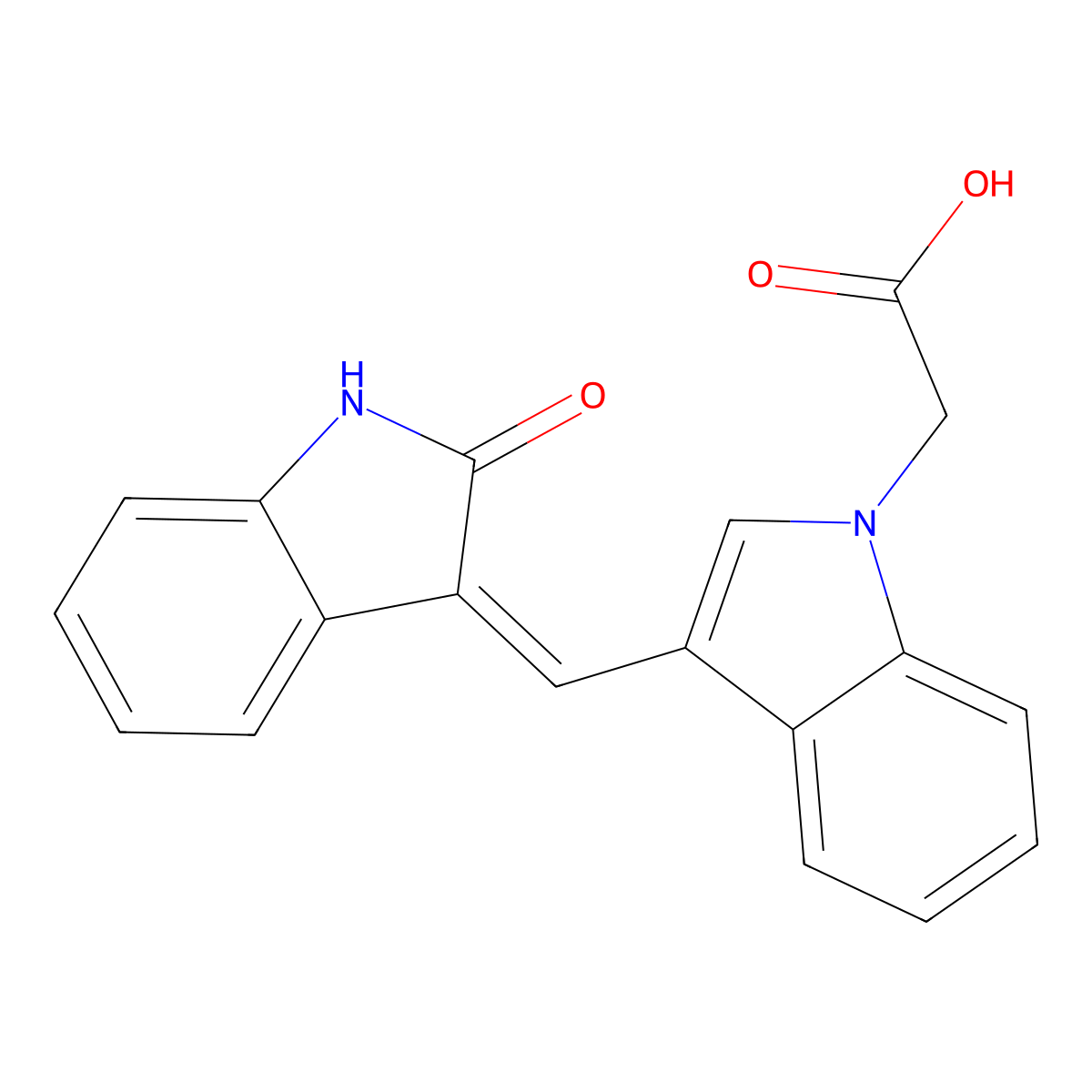 [3-(2-Oxo-1,2-dihydro-indol-3-ylidenemethyl)-indol-1-yl]-acetic acid molecular structure, CAS 676240-53-2