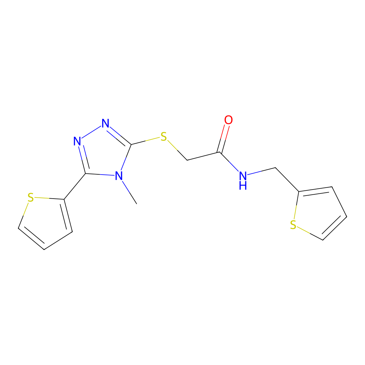 2-[(4-methyl-5-thiophen-2-yl-1,2,4-triazol-3-yl)sulfanyl]-N-(thiophen-2-ylmethyl)acetamide molecular structure, CAS 676243-79-1