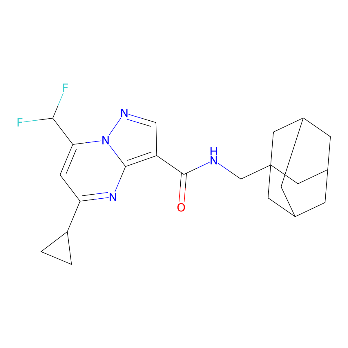 N-(1-adamantylmethyl)-5-cyclopropyl-7-(difluoromethyl)pyrazolo[1,5-a]pyrimidine-3-carboxamide molecular structure, CAS 676249-02-8