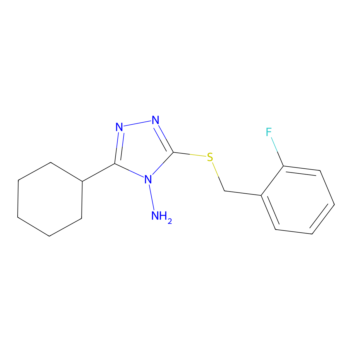 5-Cyclohexyl-3-[(2-fluorophenyl)methylthio]-1,2,4-triazole-4-ylamine molecular structure, CAS 676254-29-8