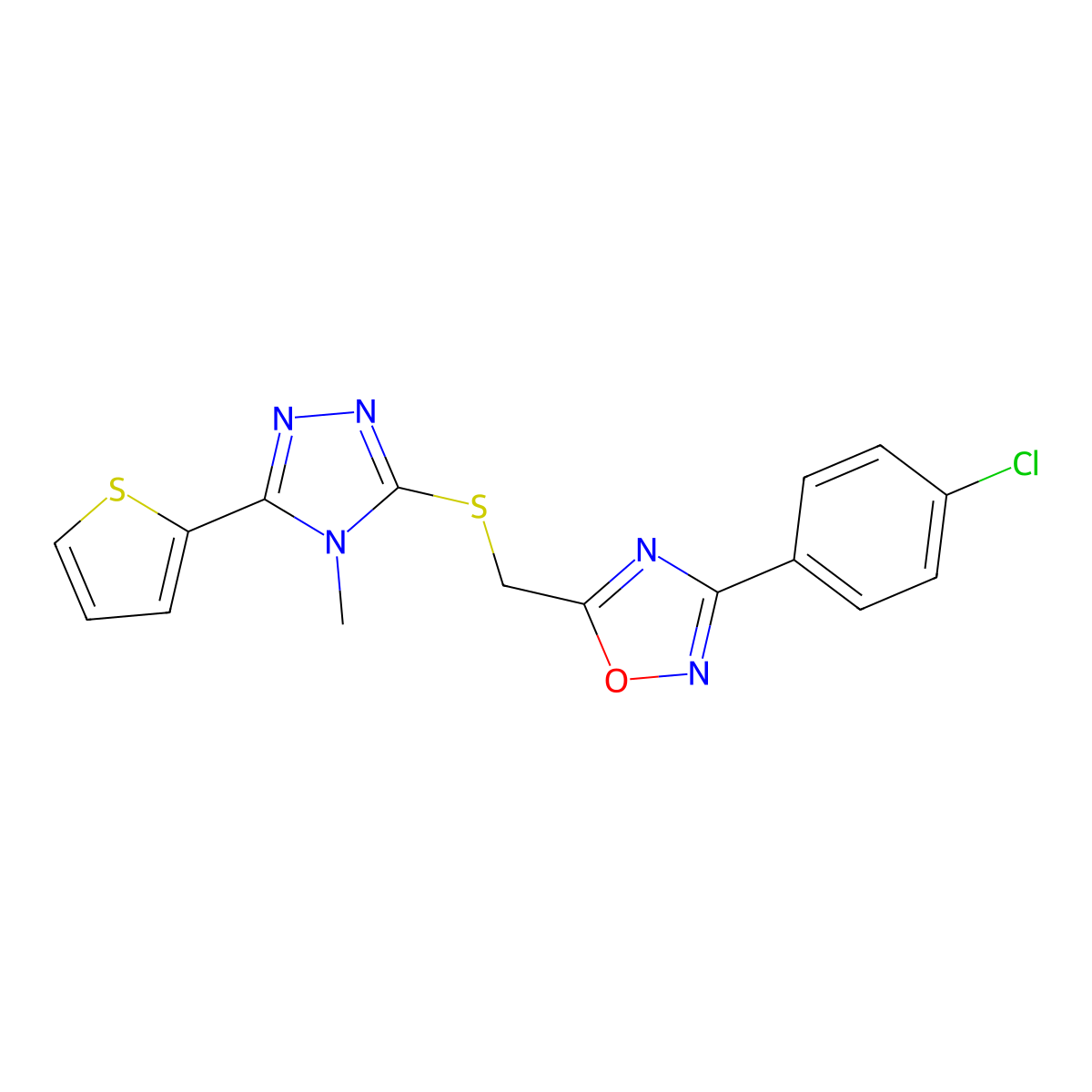 3-(4-Chlorophenyl)-5-[(4-methyl-5-thiophen-2-yl-1,2,4-triazol-3-yl)sulfanylmethyl]-1,2,4-oxadiazole molecular structure, CAS 676254-51-6