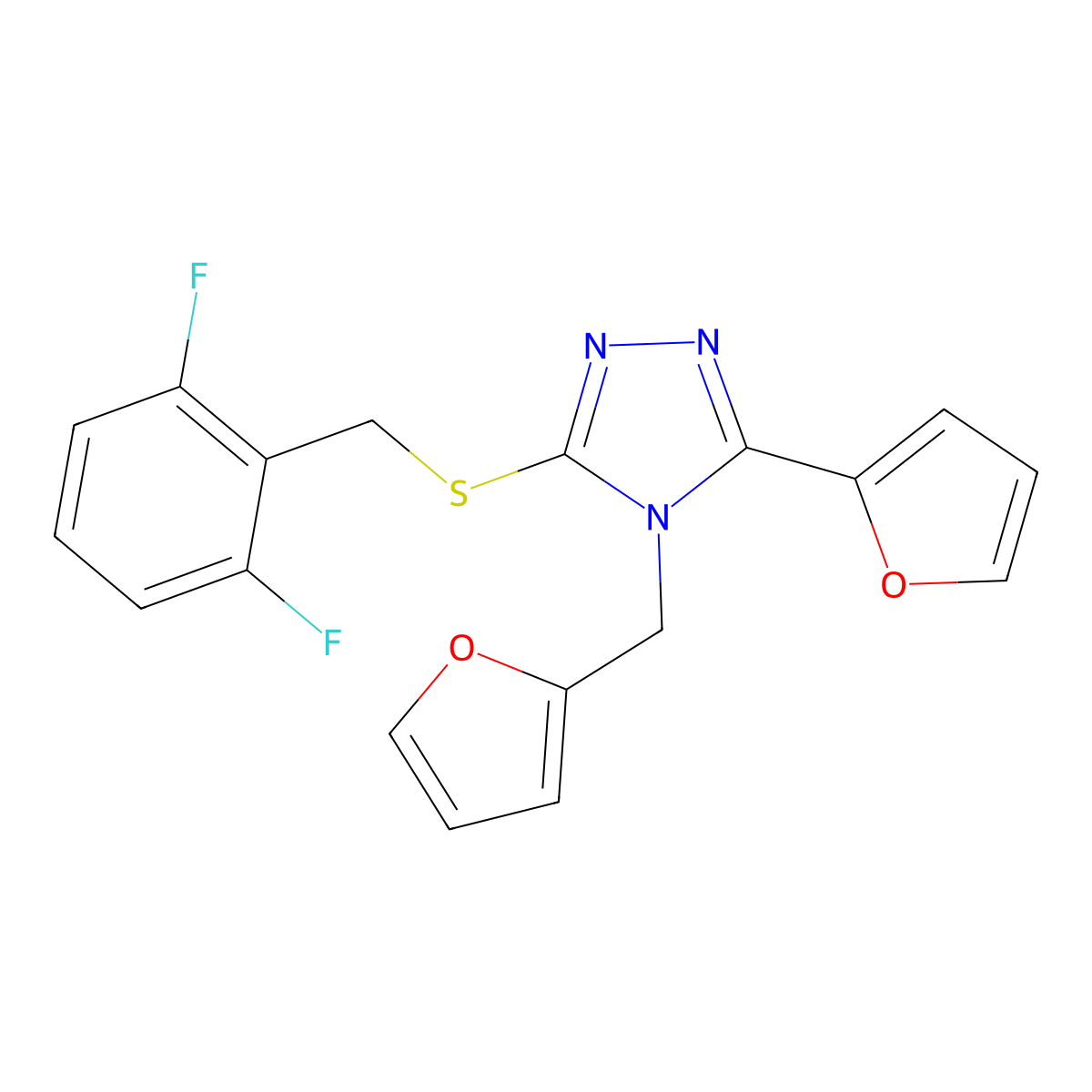 3-[(2,6-difluorobenzyl)sulfanyl]-5-(furan-2-yl)-4-(furan-2-ylmethyl)-4H-1,2,4-triazole molecular structure, CAS 676332-66-4