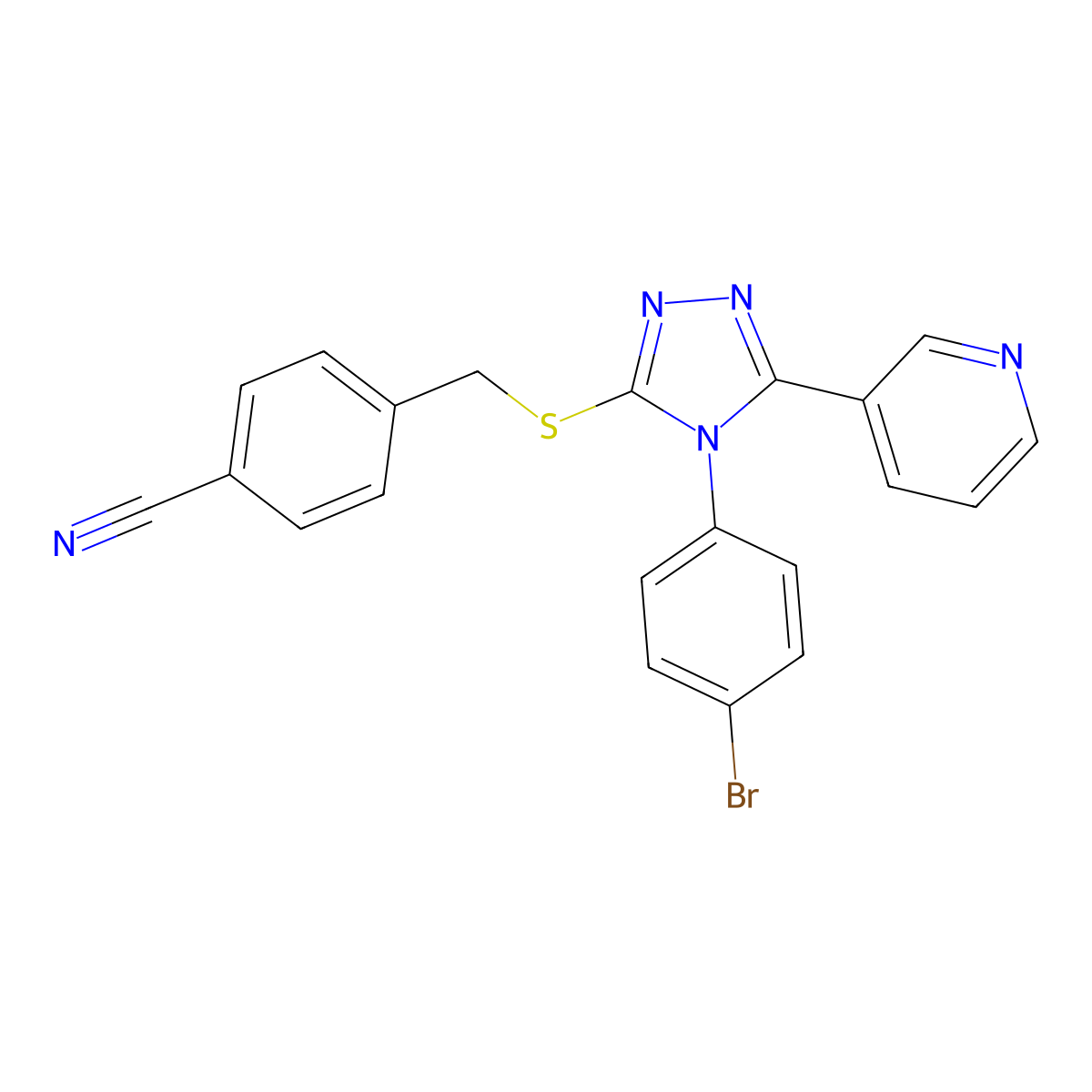 4-(((4-(4-BR-PH)-5-(3-Pyridinyl)-4H-1,2,4-triazol-3-YL)thio)methyl)benzonitrile molecular structure, CAS 676332-92-6
