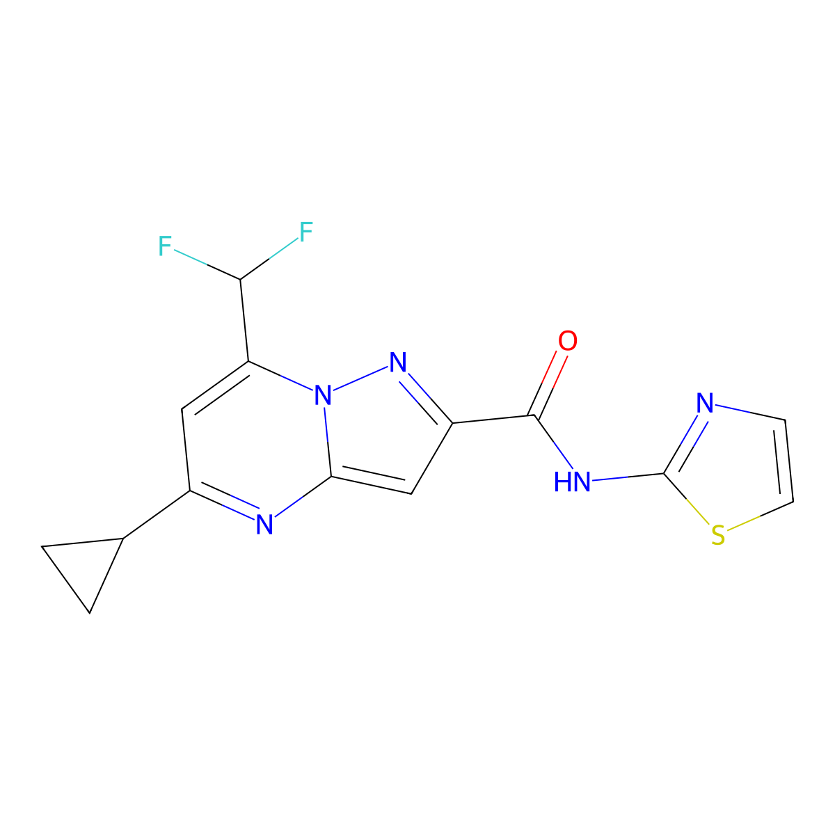 5-cyclopropyl-7-(difluoromethyl)-N-(1,3-thiazol-2-yl)pyrazolo[1,5-a]pyrimidine-2-carboxamide molecular structure, CAS 676333-57-6