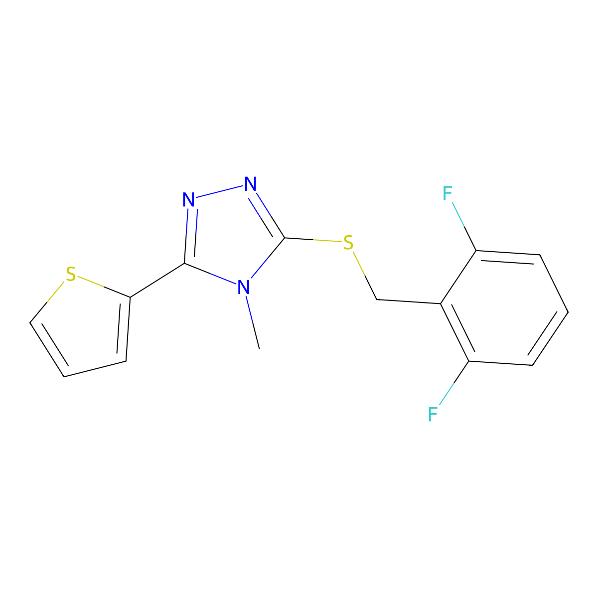 3-[(2,6-difluorobenzyl)sulfanyl]-4-methyl-5-(thiophen-2-yl)-4H-1,2,4-triazole molecular structure, CAS 676336-20-2