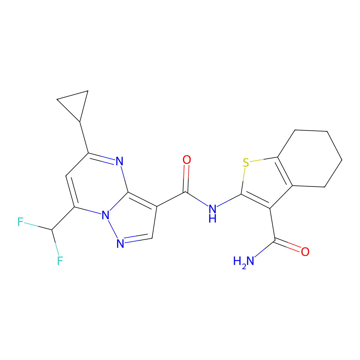 N-(3-carbamoyl-4,5,6,7-tetrahydro-1-benzothiophen-2-yl)-5-cyclopropyl-7-(difluoromethyl)pyrazolo[1,5-a]pyrimidine-3-carboxamide molecular structure, CAS 676336-53-1