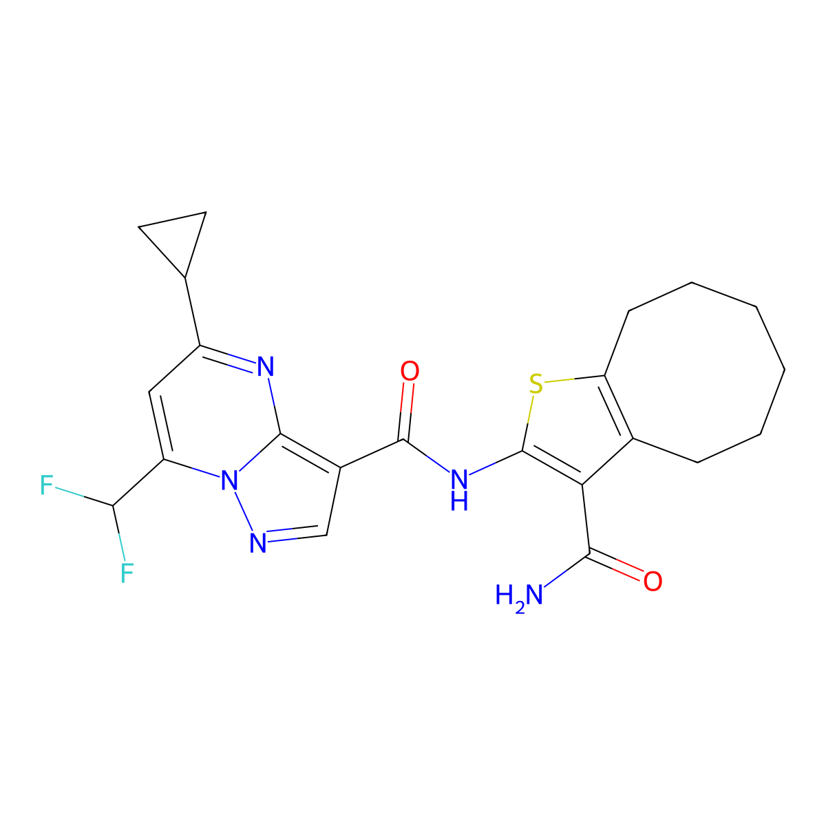 N-(3-carbamoyl-4,5,6,7,8,9-hexahydrocycloocta[b]thiophen-2-yl)-5-cyclopropyl-7-(difluoromethyl)pyrazolo[1,5-a]pyrimidine-3-carboxamide molecular structure, CAS 676336-59-7